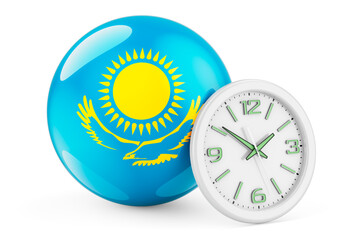 Kazakh flag with clock. Time in Kazakhstan, 3D rendering