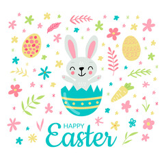 Cute Easter bunny with egg and text. Vector isolated card on white background