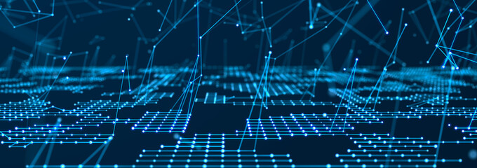 Sci-fi background. Digital wave with many particles. Template for festive presentation. 3d rendering