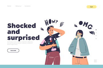 Emotion of shock and surprise concept of landing page with excited cartoon couple