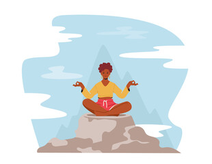 Tranquil Woman Meditating in Lotus Pose Sitting on Mountain Peak, Outdoors Yoga, Healthy Lifestyle, Relaxation, Balance