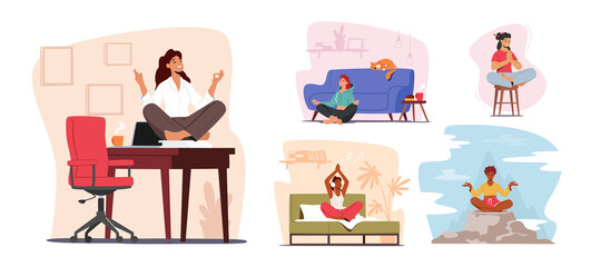 Set of Tranquil Woman Meditating at Home and Office. Healthy Lifestyle, Relaxation Emotional Balance Concept