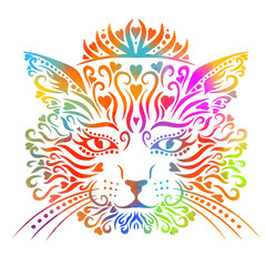 Obraz premium The cat's face is multicolored. A cat with a crown on its head. Vector illustration