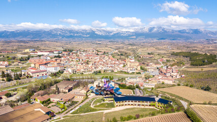 elciego, Spain. 13th March, 2021: aerial view of elciego town in la rioja, Spain
