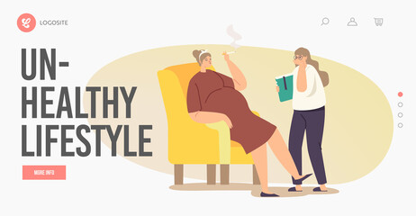 Unhealthy Lifestyle Landing Page Template. Girl Coughing in Room where Mother Smoking Cigarette. Mom Enjoy Tobacco