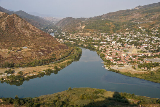 View From Jvari (Holy Cross) Church, Where The Aragvi And Mtkvari (Kura) Rivers Converge At The Ancient Capital City Of Mtskheta, Georgia