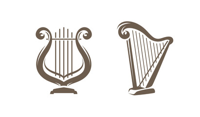 Musical harp, lyre symbol or logo. Classical music concept vector illustration