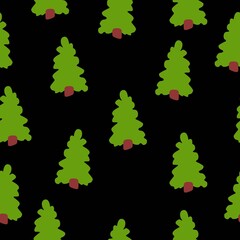 Vector seamless pattern with green fir trees. Brown trunk. Black background. Cartoon style. Spring and summer. Nature and ecology. For post cards, wallpaper, wrapping paper, scrapbooking, textile