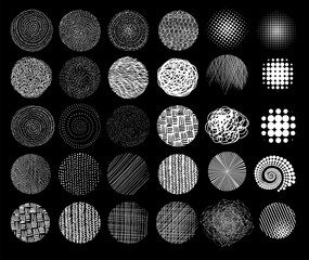 Set of abstract vector halftone stains. Black blots made of round particles. Modern illustration with dark, murky spots. Splattered array of dots. Gradation of tone. Elements of design.