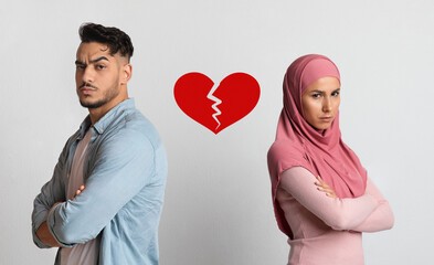 Breakup And Divorce Concept. Collage Of Unhappy Black Couple Standing Back To Back With Ripped Heart Symbol Icon Between Them Over Light Background