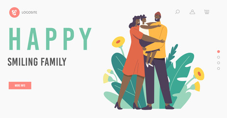 Happy Smiling Family Landing Page Template. Loving Parents Kiss Child. Mother and Father African Ethnicity and Daughter