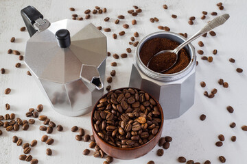 Moka pot. Espresso coffee making tool.