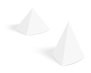 White pyramid tent cards mockup. Table talker template with shadow. Paper or cardboard pyramid display stand isolated on white background. Vector realistic illustration.