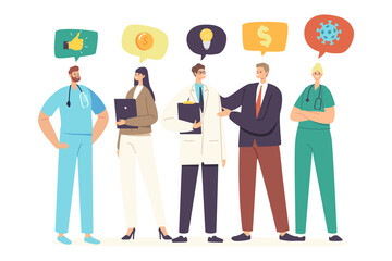 Medicine Sponsorship Concept. Businessman Character Visiting Hospital as Sponsor, Meeting with Doctors Offering Support