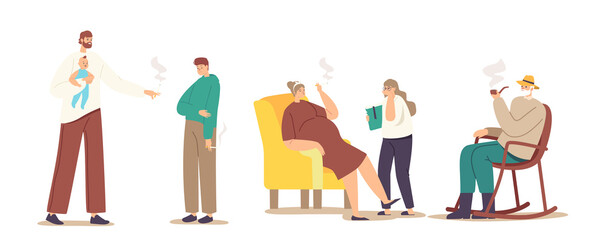 Smoking Family Concept. Adult Family Characters Mother, Father and Grandfather Smoke Cigarettes in Presence of Children