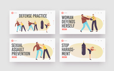 Women Self Defense Practice Landing Page Template Set. Female Characters Training with Coach Boxing Workout