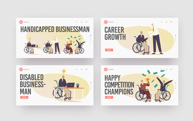Obraz na płótnie Canvas Disability Employment, Disabled People Work Landing Page Template Set. Handicapped Businessman Characters on Wheelchair