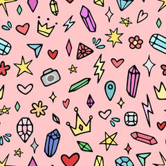 Vector seamless colorful pattern with different stars, sparkles, crystals, hearts, diamonds. Hand drawn, doodle style. Design for wallpaper, wrapping paper, stationery, textile.