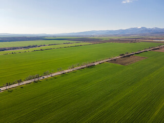 Naklejka premium Aerial Spring view of Rural Land near town of Hisarya, Bulgaria