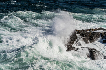Seawater from a wave as it breaks against a rock, sea foam