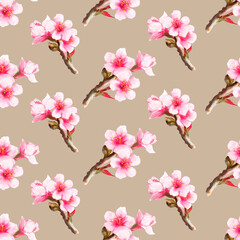 Watercolor seamless pattern with blooming cherry on a light beige background 