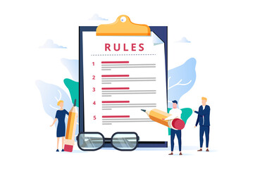 Rules vector illustration. Flat tiny regulations checklist persons concept. Restricted graphic writing with law.
