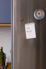 Positive sticky note pasted with a pineapples adhesive on a metallic fridge door next to a clock timer and a copper magnetic clamp in a kitchen.