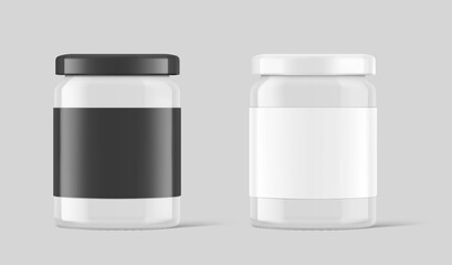 Black and white glass jar mockup isolated on gray background. Vector illustration. Front view. Сan be used for food, cosmetic and other needs. EPS10	