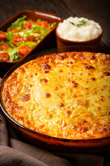 Shepherd's Pie (escondidinho) with salad and rice. Typical Brazilian food.
