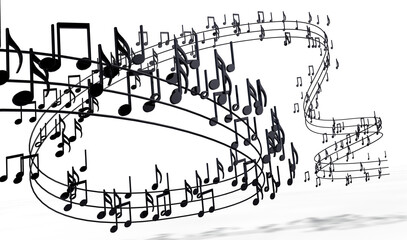 Music background design.Musical writing isolated over white.3d illustration of musical notes and musical signs of abstract music sheet.