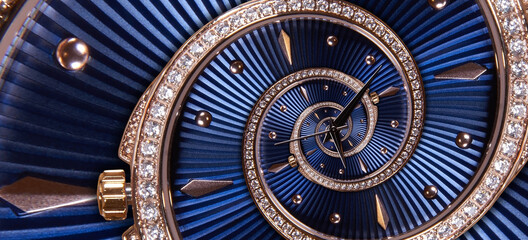 Time spiral concept. Round blue diamond golden clock with hands twisted to surreal spiral. Abstract...