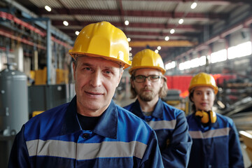 Mature male worker of large industrial plant or factory or foreman in workwear and protective helmet standing against two colleagues