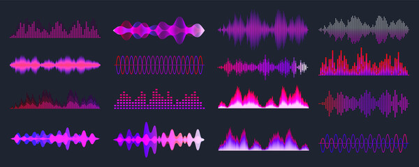 Colorful sound waves collection. Analog and digital audio signal. Music equalizer. Interference voice recording. High frequency radio wave. Vector illustration. - obrazy, fototapety, plakaty