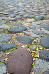 Cobblestone street from 18th century, with increasing bokeh in background.
