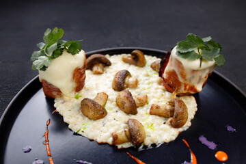 Delicious mushroom risotto and grilled turkey meat
