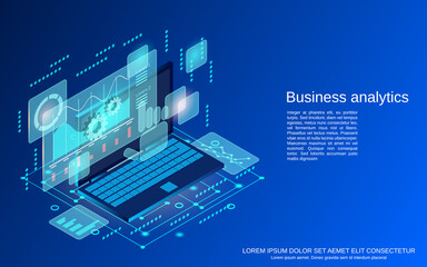 Business analytics, financial report flat isometric vector concept illustration