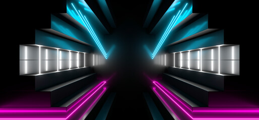 Sci Fy neon lamps in a dark tunnel. Reflections on the floor and walls. 3d rendering image.