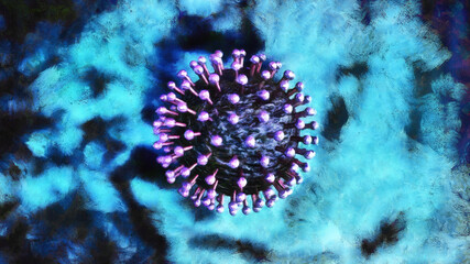 Coronavirus cell on a blue background. Abstract ink cloud. Artistic work