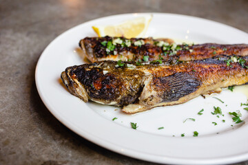 fried goby fish on plate, close-up