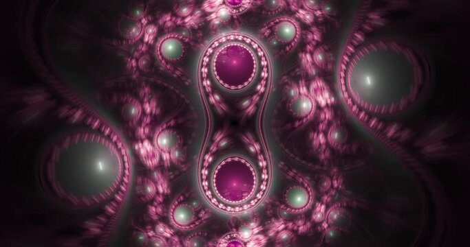 Abstract fractal 4k video made out of interconnected interwoven balanced rings, beams,balls and stars with an intricate wavy decorative pattern in glowing changing light colors.