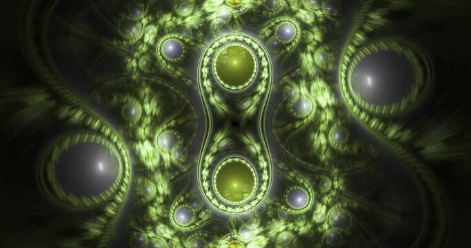 Abstract fractal 4k video made out of interconnected interwoven balanced rings, beams,balls and stars with an intricate wavy decorative pattern in glowing light colors.
