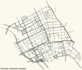 Black simple detailed street roads map on vintage beige background of the quarter Norrmalm district of Stockholm, Sweden