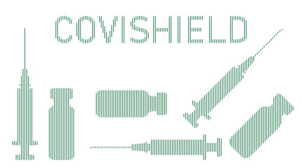 Set of characters for covid and vaccination poster illustration. Vector illustration of covishield coronavirus vaccine and syringe, vaccination and treatment campaign.