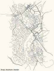 Black simple detailed street roads map on vintage beige background of the Älvsjö quarter of Stockholm, Sweden