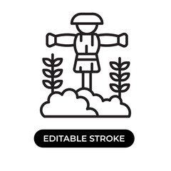 Vector illustration of scarecrow icon. Scarecrow on the soil with two wheat plants. Editable stroke with line design style