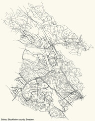 Black simple detailed street roads map on vintage beige background of the quarter Solna municipality of Stockholm county, Sweden