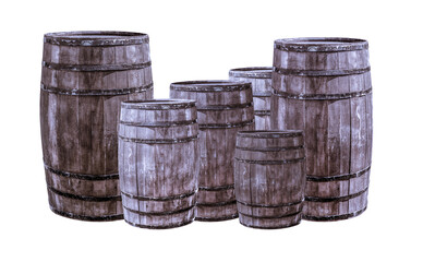 set of barrels gray and brown set small and large stands on an isolated background