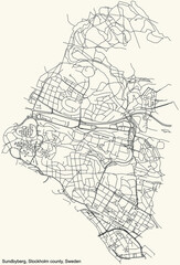 Black simple detailed street roads map on vintage beige background of the quarter Sundbyberg municipality of Stockholm county, Sweden