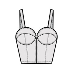 Denim bustier top technical fashion illustration with thin straps, zip-up closure, cups, slim fit, waist crop length. Flat bra template front, grey color style. Women, men, unisex CAD mockup