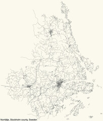 Black simple detailed street roads map on vintage beige background of the quarter Norrtälje municipality of Stockholm county, Sweden
